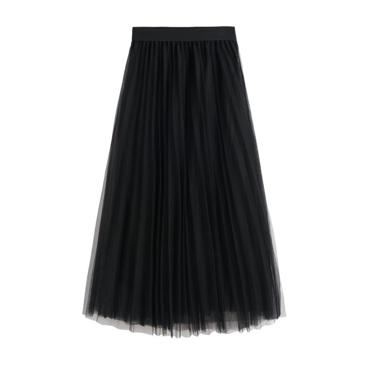 High Waist Pleated Tulle Maxi Skirt - Black