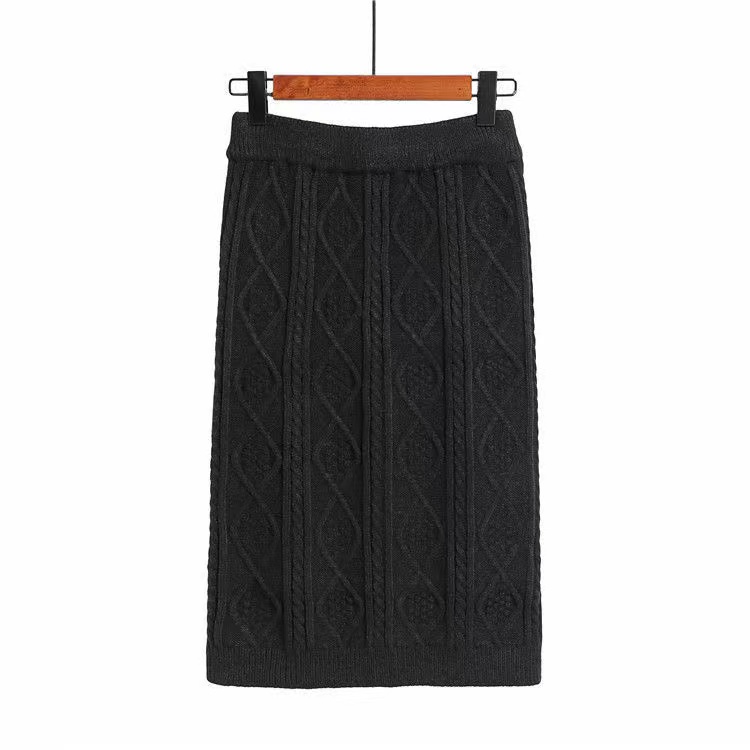 Autumn Winter High Waist Knitting Skirt - Black