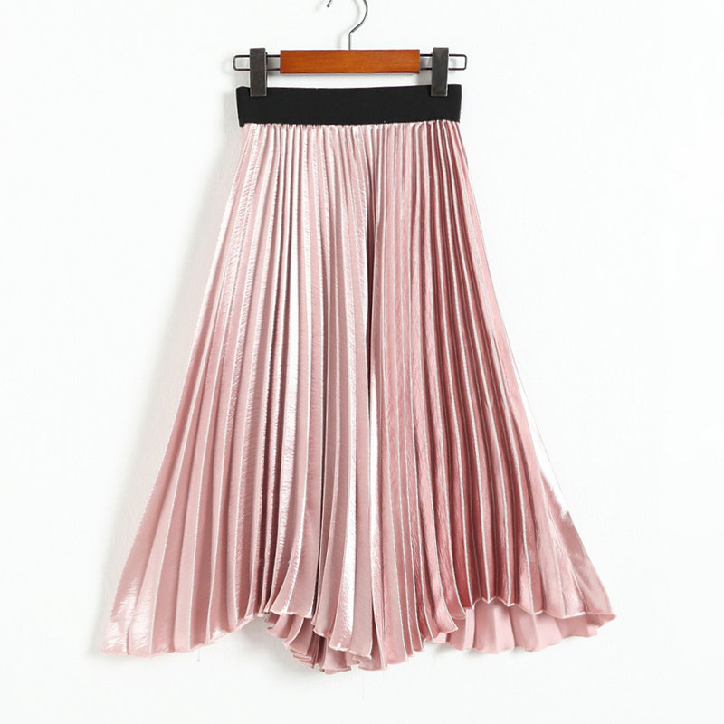 Autumn Satin Long Skirt Summer Casual Smooth Women Skirt High Waist Skirt Elastic Pink Pleated Skirt - Pink