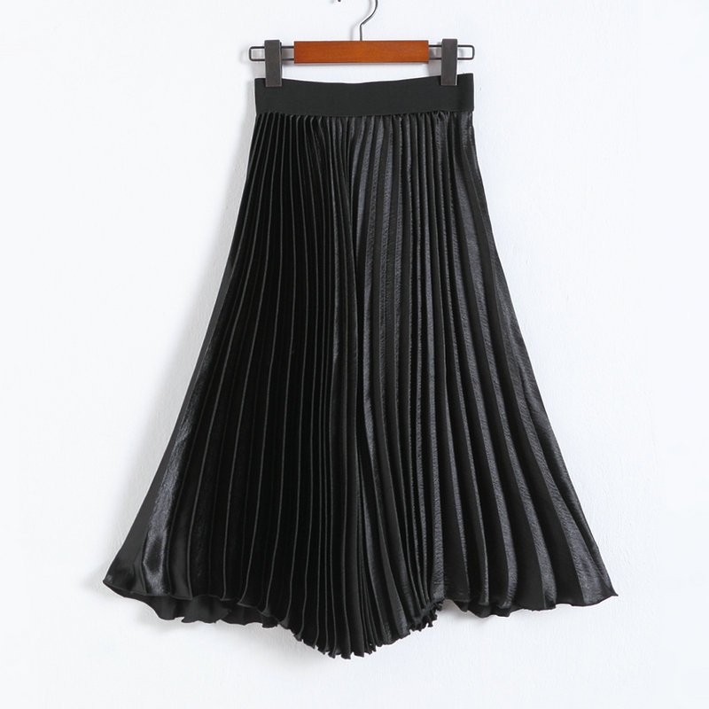 Autumn Satin Long Skirt Summer Casual Smooth Women Skirt High Waist Skirt Elastic Pink Pleated Skirt - Black