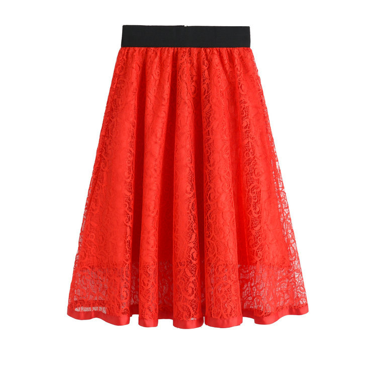 High Waist Gauze Skirt Lace Hollow Female Skirt - Red