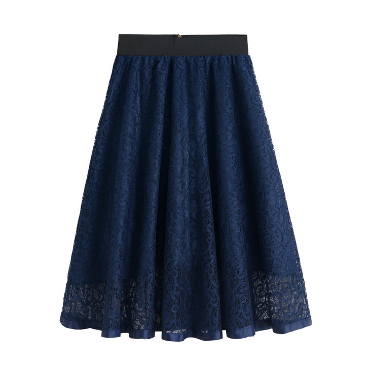 High Waist Gauze Skirt Lace Hollow Female Skirt - Blue