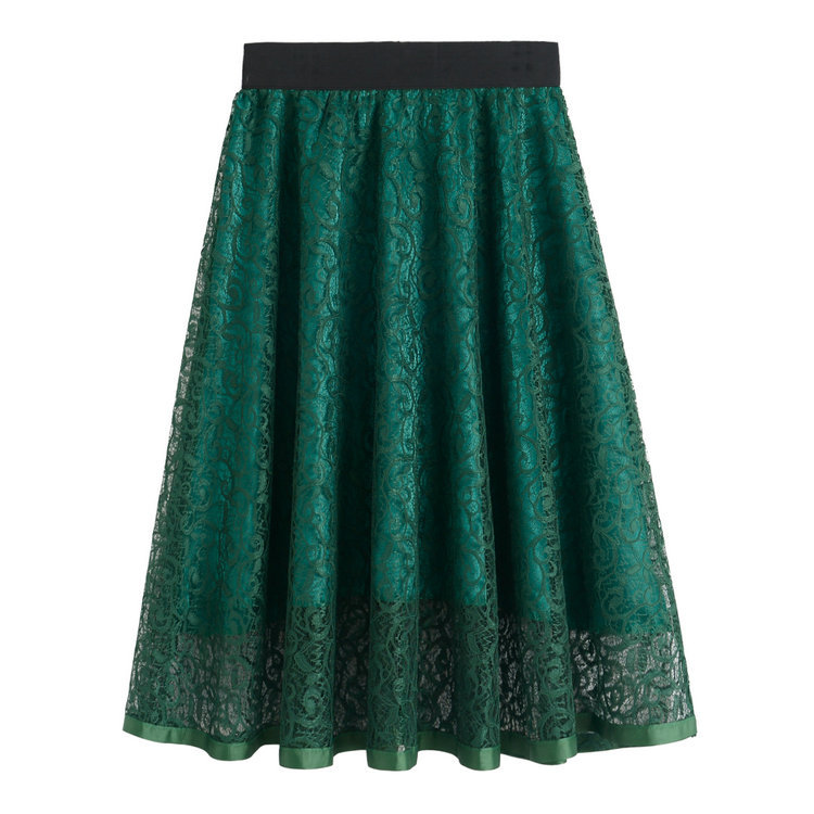 High Waist Gauze Skirt Lace Hollow Female Skirt - Green