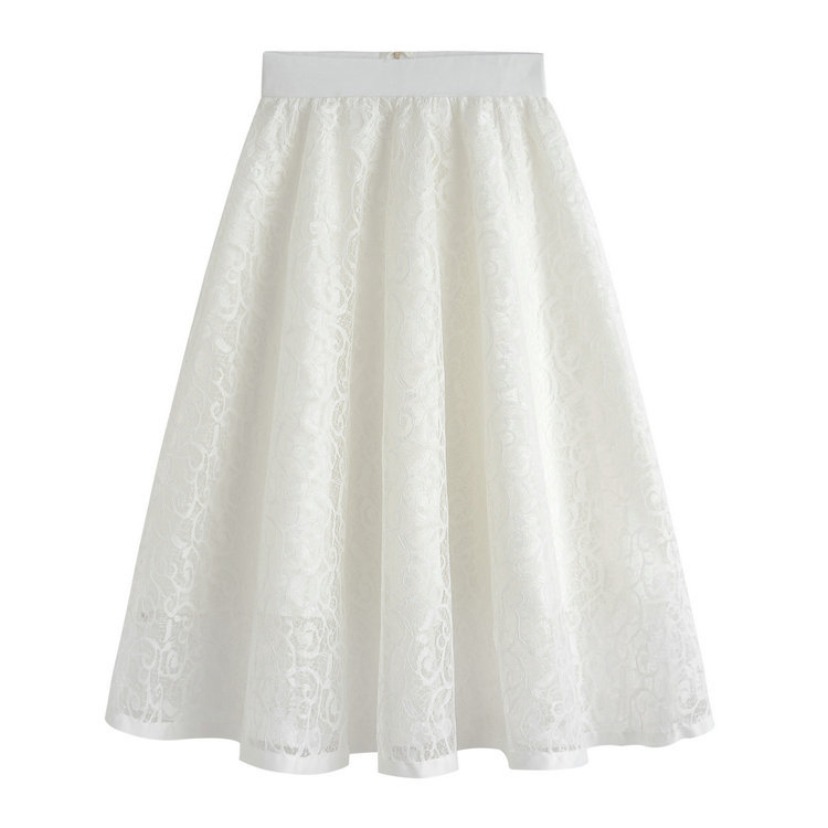 High Waist Gauze Skirt Lace Hollow Female Skirt - White