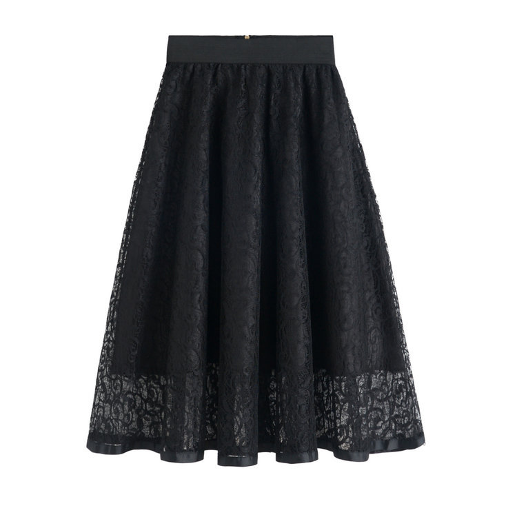 High Waist Gauze Skirt Lace Hollow Female Skirt - Black