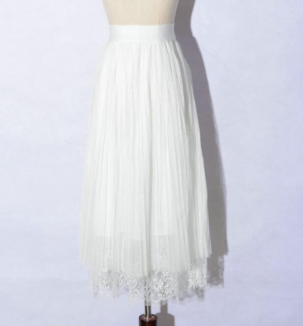 Spring Elegant Lace Patchwork Pleated Skirt - White