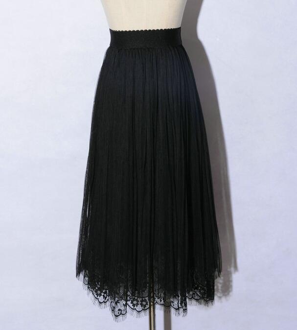 Spring Elegant Lace Patchwork Pleated Skirt - Black