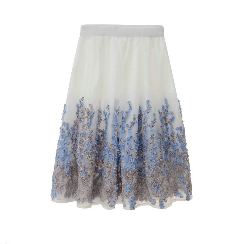 High Waist Flower Print A Line Skirt - Blue