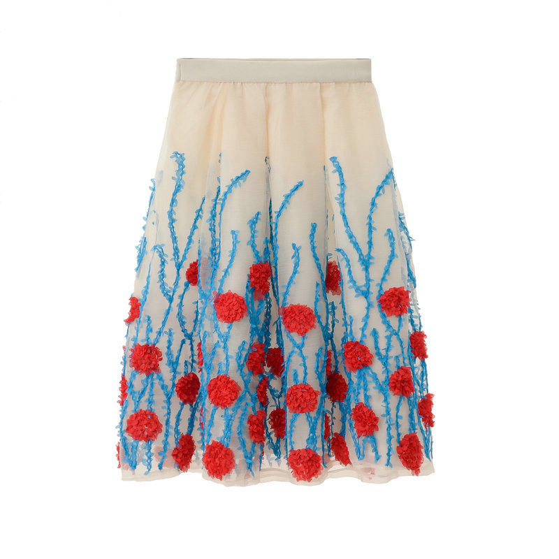 High Waist Flower Print A Line Skirt - Red & Blue