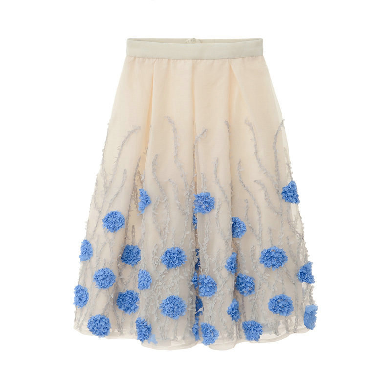 High Waist Flower Print A Line Skirt - Blue & Grey