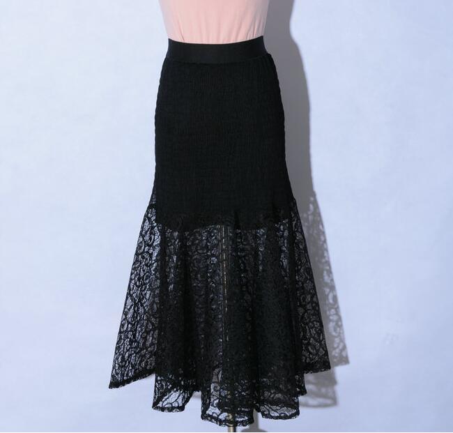 High Waist Stretch Fabrics Lace Patchwork Ol Skirts - Black