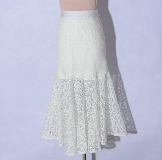 High Waist Stretch Fabrics Lace Patchwork Ol Skirts - White