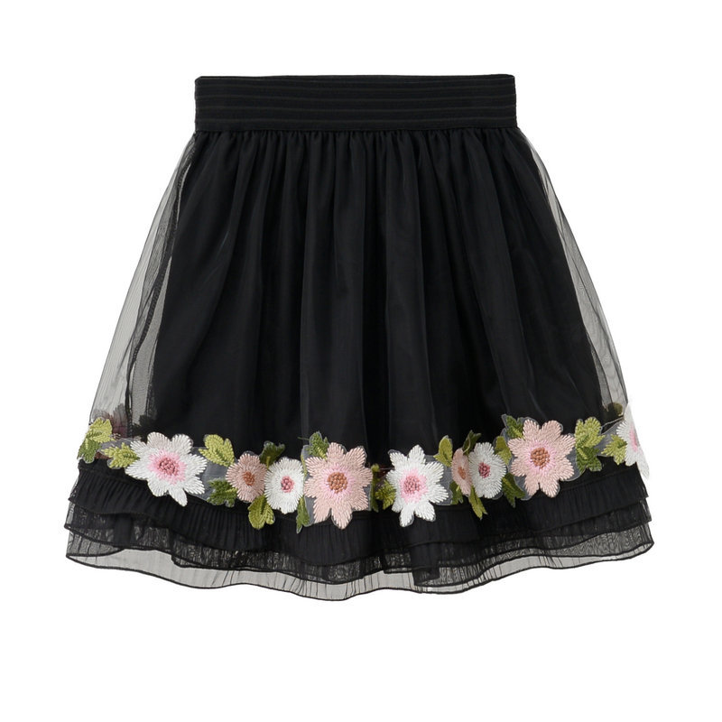 Black Elasticised Floral Embroidered Short A-line Skater Skirt 
