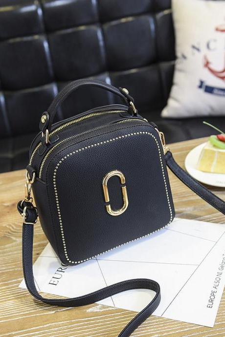 New Women Leather Handbags Small Square Bags Women Shoulder Messenger Bag - Black