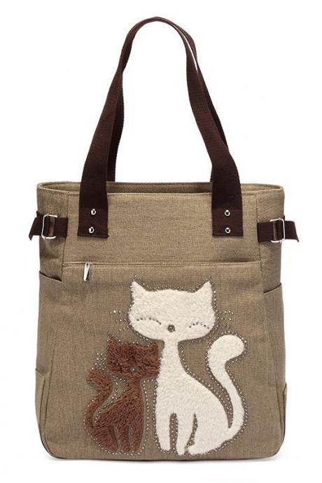 Fashion Women Handbag Cute Cat Tote Bag Lady Canvas Bag Shoulder Bag - Khaki