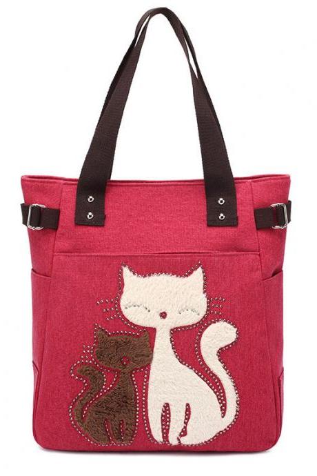 Fashion Women Handbag Cute Cat Tote Bag Lady Canvas Bag Shoulder Bag - Red