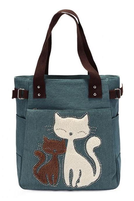 Fashion Women Handbag Cute Cat Tote Bag Lady Canvas Bag Shoulder Bag - Green