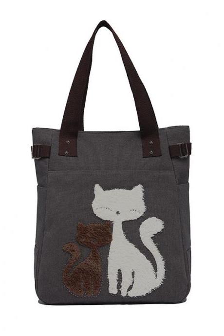 Fashion Women Handbag Cute Cat Tote Bag Lady Canvas Bag Shoulder Bag - Grey