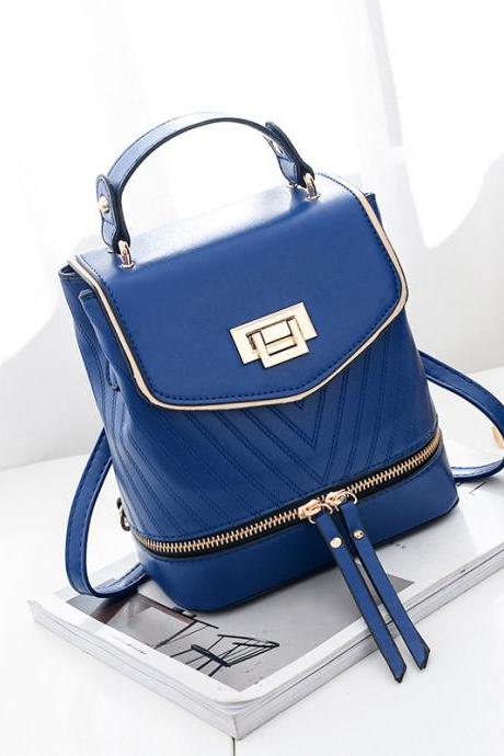 Women Leather Backpack Zipper Mini Multifunction Shoulder Bag - Blue