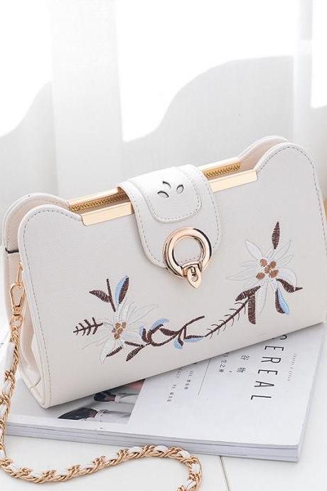 PU Leather Shoulder Handbag Adorned with Floral Embroidery with Linked Chain Straps - White