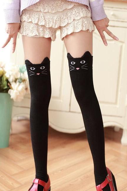 Women's Fashion Cute 3D Cartoon Animal Pattern Thigh Stockings Over Knee High Knit Socks - Black