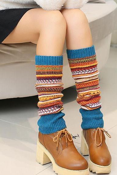 Women Ladies Winter Long Socks Knit Crochet Fashion Leg Warmers Legging Stocking - Blue