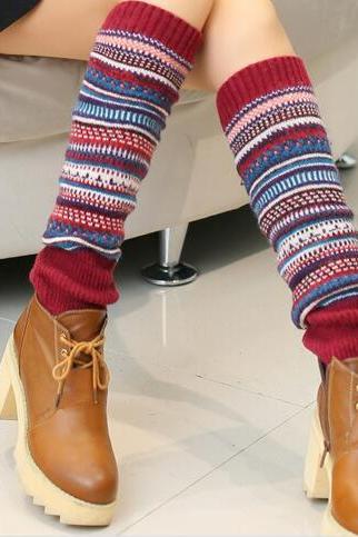 Women Ladies Winter Long Socks Knit Crochet Fashion Leg Warmers Legging Stocking - Wine Red