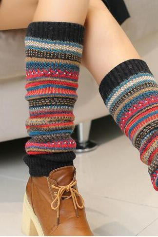 Women Ladies Winter Long Socks Knit Crochet Fashion Leg Warmers Legging Stocking - Black