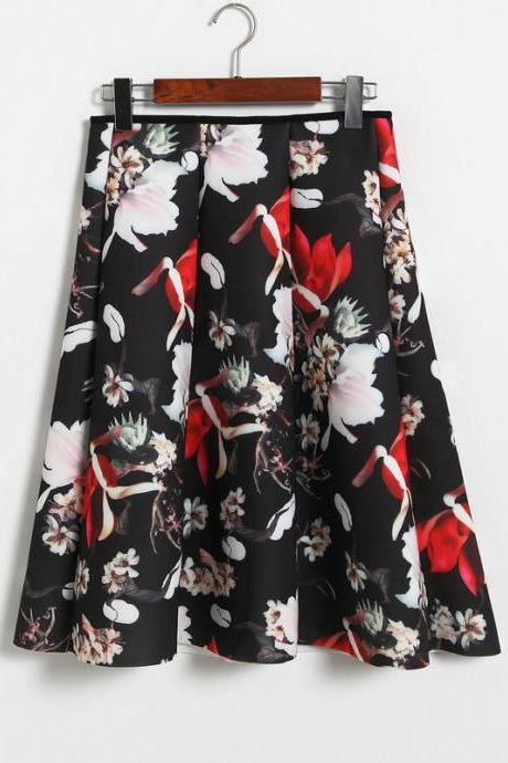 Floral Print Black Ruffled High Rise Knee Length A-Line Skirt 