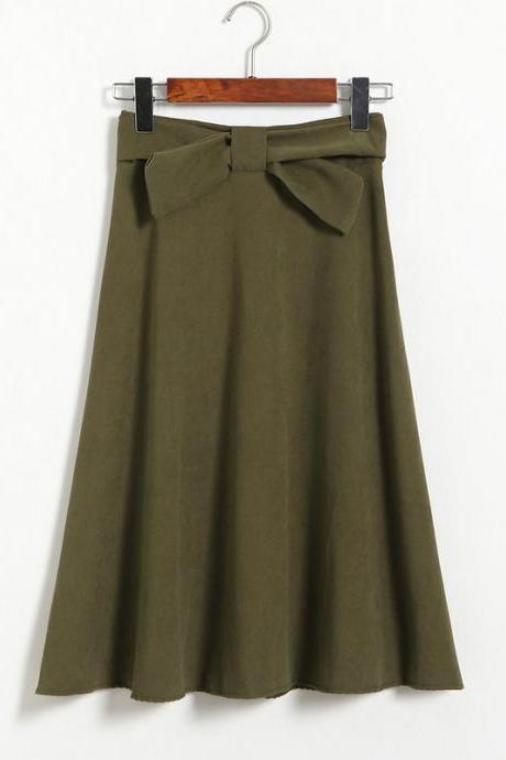 Womens High Waist Solid Elegant Bow Casual A Line Skirt - Amy Green
