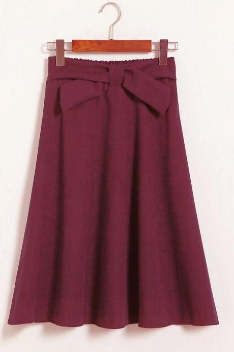 Womens High Waist Solid Elegant Bow Casual A Line Skirt - Wine Red