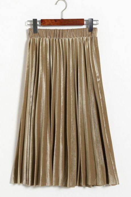 Women Spring Autumn Style Women Elastic Waist Pleated Length Skirt - Khaki