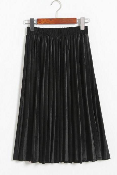 Women Spring Autumn Style Women Elastic Waist Pleated Length Skirt - Black