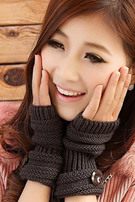Cute Women Arm Warmer Fingerless Knitted Long Gloves - Dark Grey