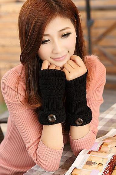 Cute Women Arm Warmer Fingerless Knitted Long Gloves - Black