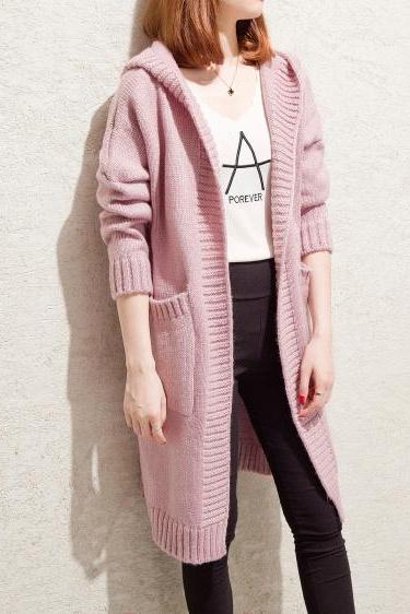 New Autumn Winter Long Sleeve Loose Casual Sweater Coat Cardigan Coat Women Outwear - Pink