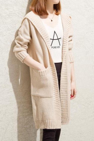 Autumn Winter Long Sleeve Loose Casual Sweater Coat Cardigan Coat Women Outwear - Beige