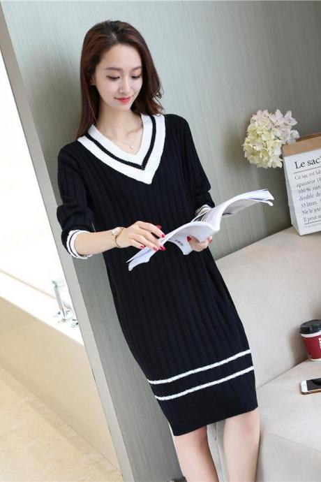 Women V Neck Spring Long Sleeved Knitted Sweater Dress - Black