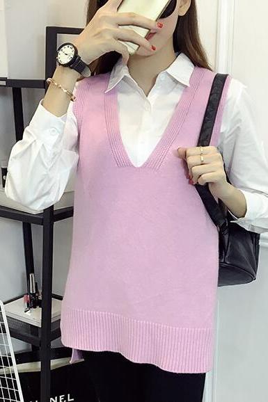 Women V Neck Sleeveless Vintage Pullover Knit Vest Tops - Pink