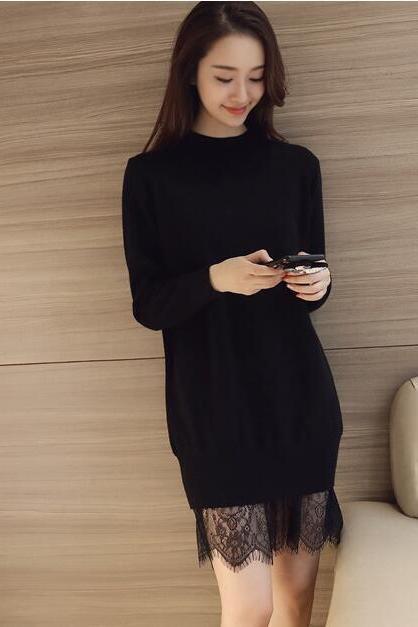 Women Long Sleeve Winter Lace Sweater Dress - Black