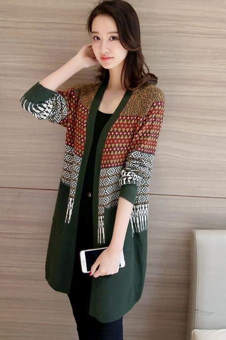 Country Style Multicolor Argyle Cardigans Sweater - Amy Green