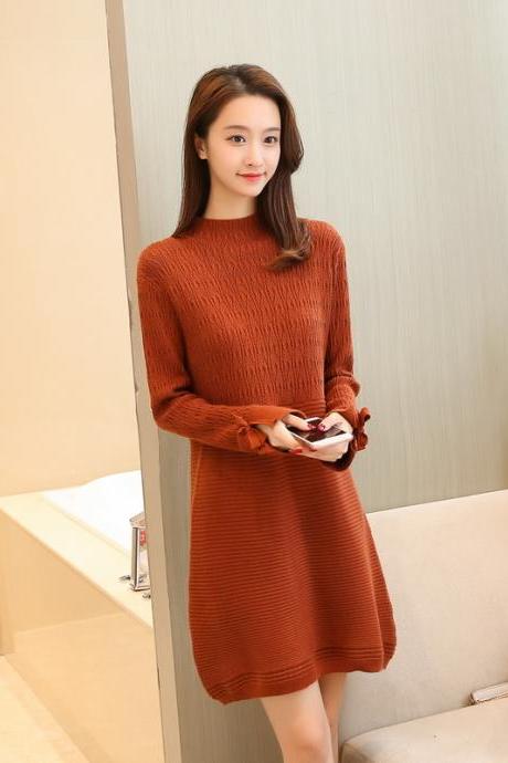 Women Long Sleeve Sweater Dress Casual Loose Long Knit Dress - Khaki