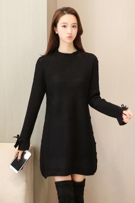New Women Long Sleeve Sweater Dress Casual Loose Long Knit Dress - Black