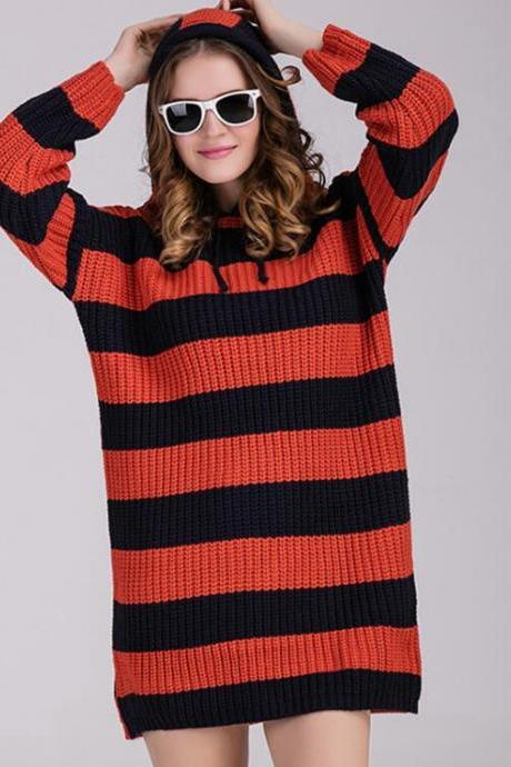 Fashion Women Casual Loose Stripe Sweater Knitwear Long Sleeve Blouse Tops - Orange