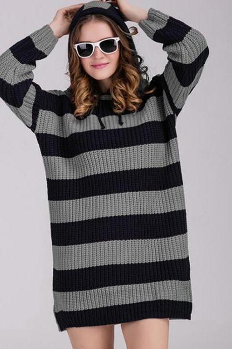 Fashion Women Casual Loose Stripe Sweater Knitwear Long Sleeve Blouse Tops - Grey