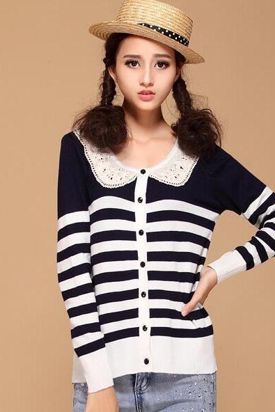 Cute Stripe Women Autumn Pullovers Knitting Sweater - Dark Blue