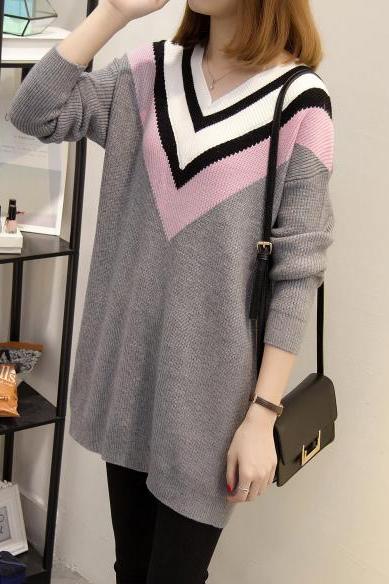 Women Long Patchwork Loose Sweater Pullover Tops