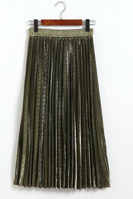 Fshion Women Elastic Waist Pleated Length Skirt - Gold