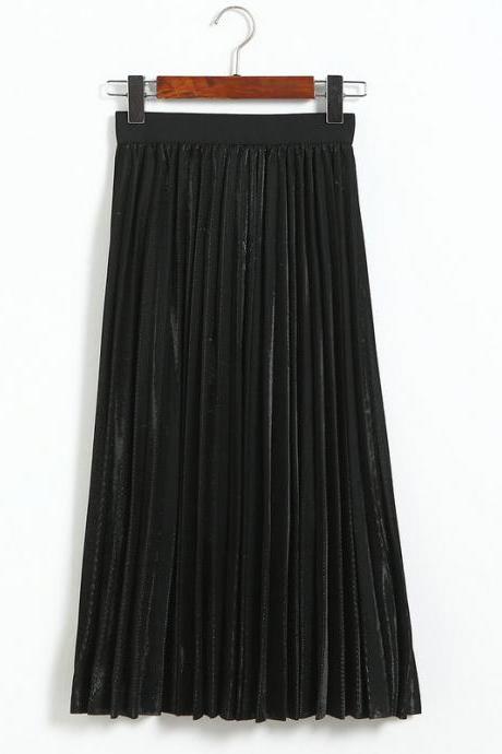 Fshion Women Elastic Waist Pleated Length Skirt - Black
