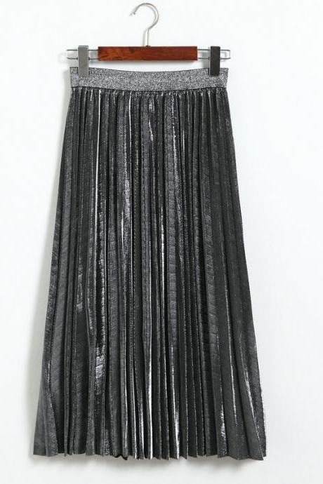 Fshion Women Elastic Waist Pleated Length Skirt - Silver